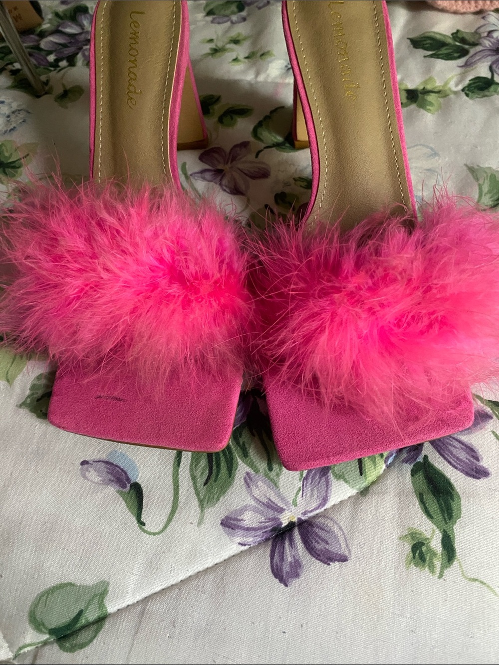 Lemon Neon Pink Feather Slide Heels - Picture 1 of 4